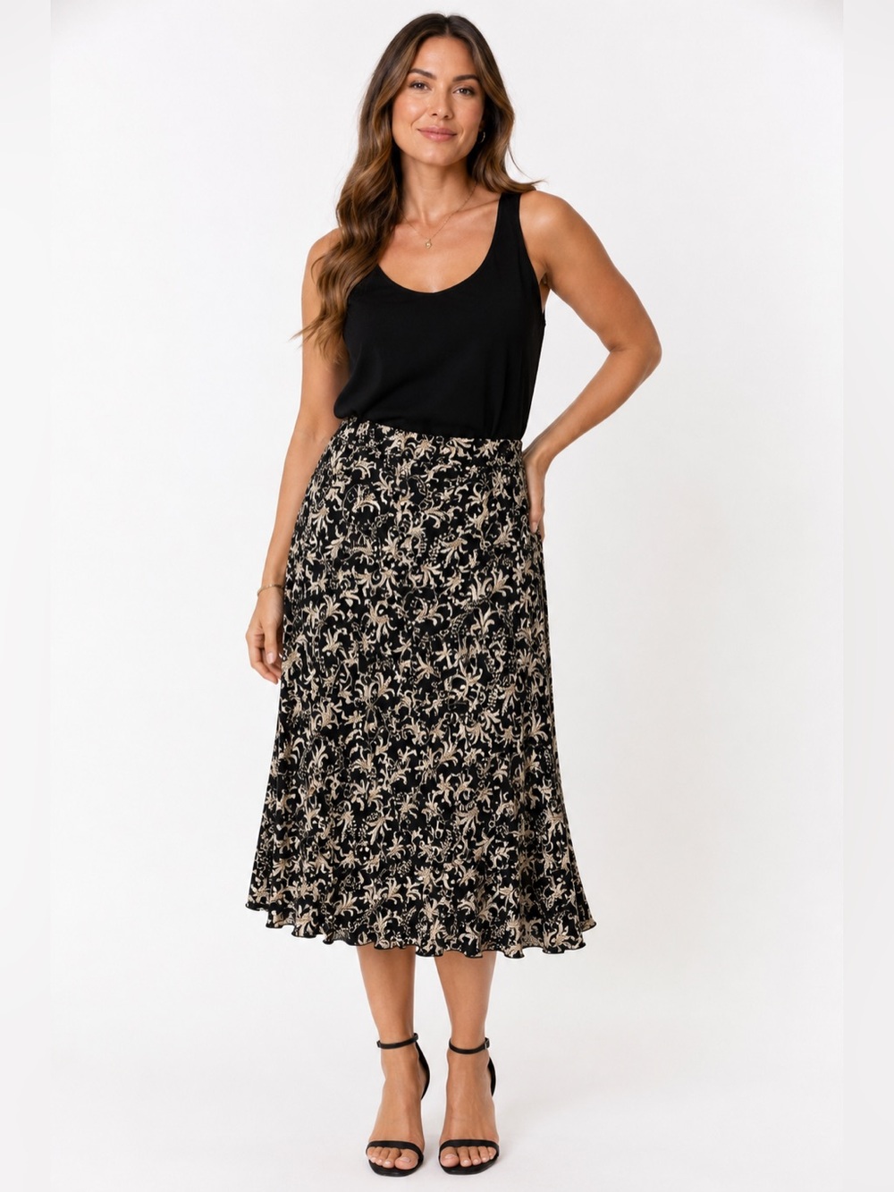 SJS‎ XL Black Tan Scroll Print Midi Skirt Elastic Waist Flowy Workwear